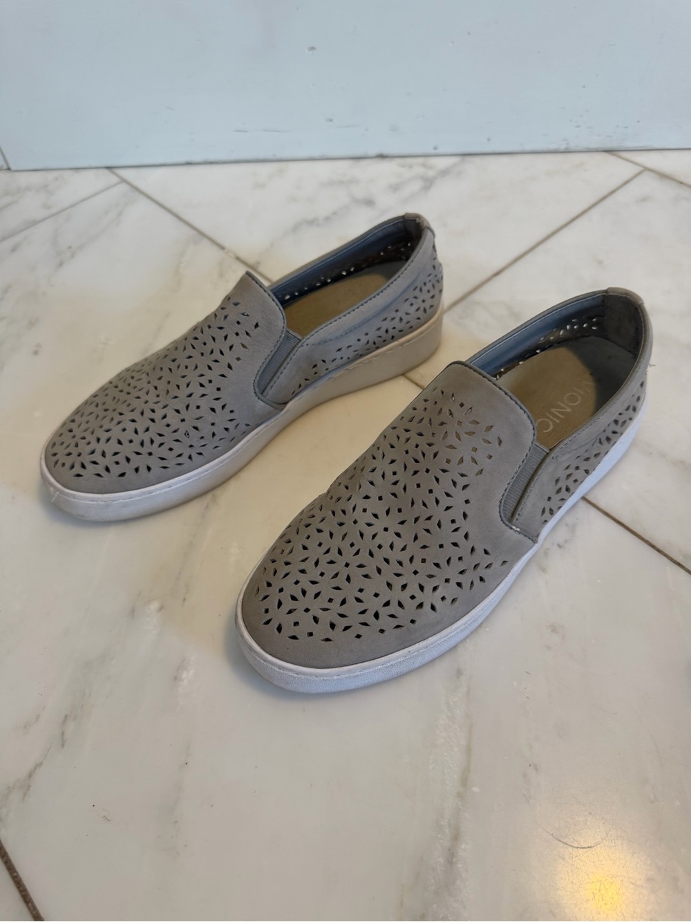 Vionic Women’s 7.5 Gray perforated leather and rubber supportive comfort slip on - Picture 2 of 9